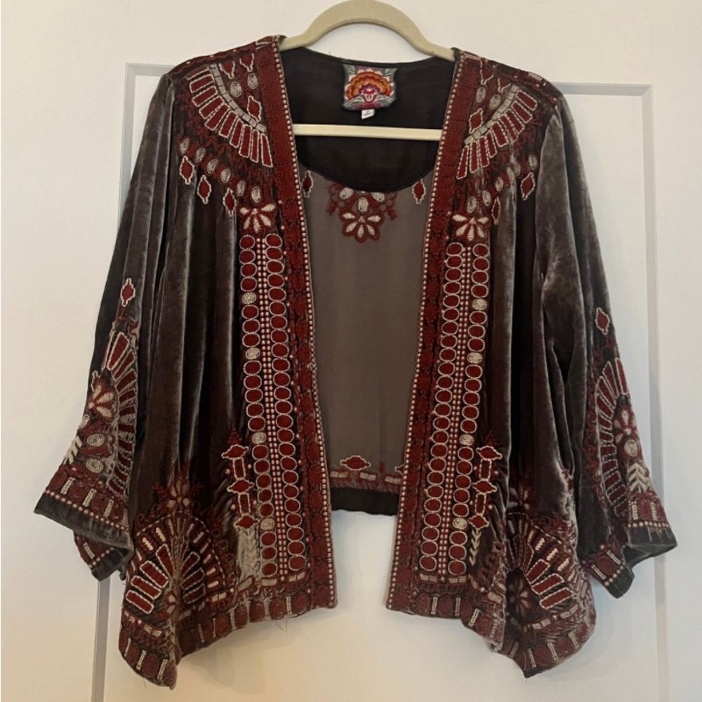 SOLD Johnny Was Aurore Embroidered Silk Blend Black Velvet Bolero/Open Jacket